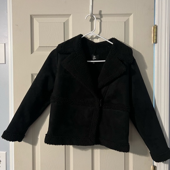 Art Class Girl's Black Faux Suede Shearling Trim Coat - Picture 1 of 8